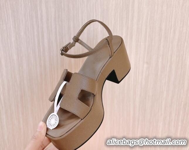 Good Product Hermes Jam Platform Sandals 7.5cm in Grained Leather Grey 1230145