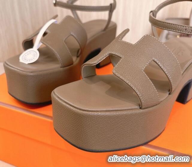 Good Product Hermes Jam Platform Sandals 7.5cm in Grained Leather Grey 1230145