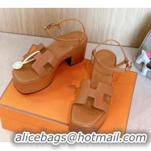 Best Grade Hermes Jam Platform Sandals 7.5cm in Grained Leather Brown 1230146