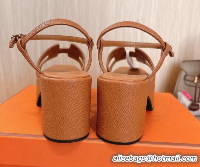 Best Grade Hermes Jam Platform Sandals 7.5cm in Grained Leather Brown 1230146