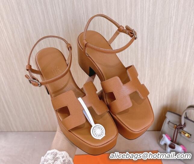 Best Grade Hermes Jam Platform Sandals 7.5cm in Grained Leather Brown 1230146