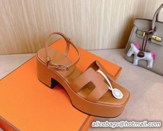 Best Grade Hermes Jam Platform Sandals 7.5cm in Grained Leather Brown 1230146