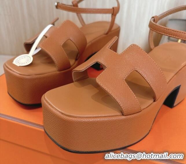 Best Grade Hermes Jam Platform Sandals 7.5cm in Grained Leather Brown 1230146