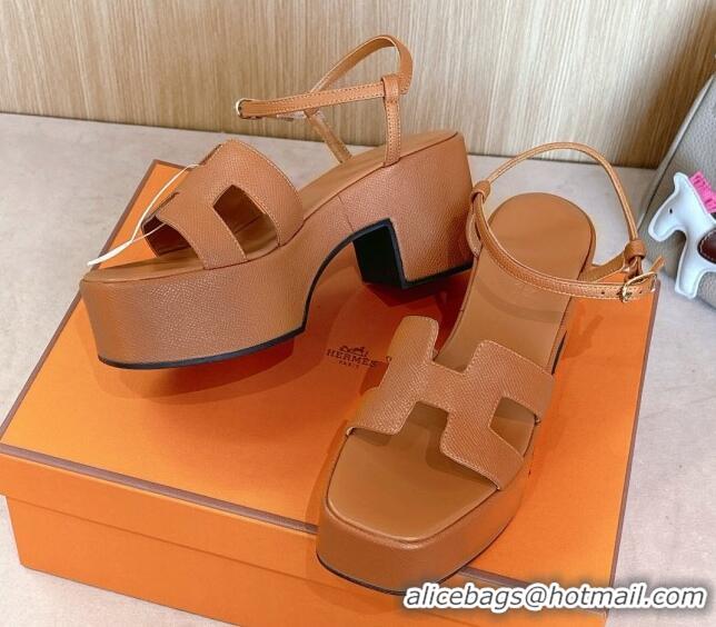 Best Grade Hermes Jam Platform Sandals 7.5cm in Grained Leather Brown 1230146