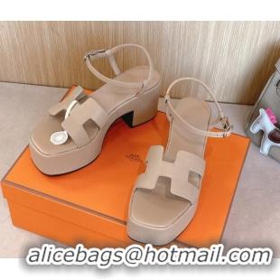 Top Design Hermes Jam Platform Sandals 7.5cm in Grained Leather Beige 1230147