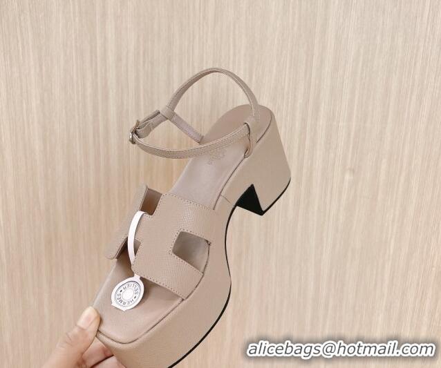 Top Design Hermes Jam Platform Sandals 7.5cm in Grained Leather Beige 1230147