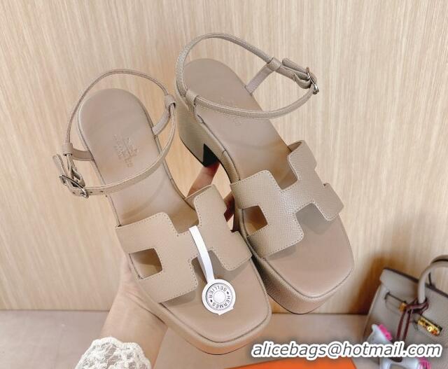 Top Design Hermes Jam Platform Sandals 7.5cm in Grained Leather Beige 1230147