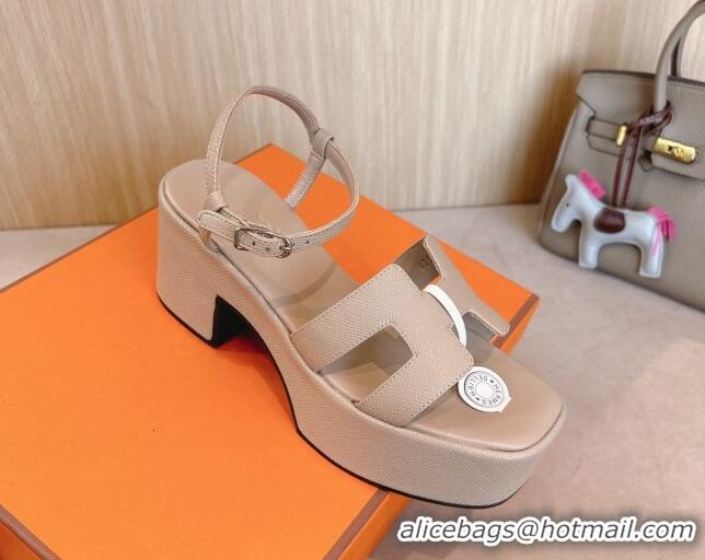 Top Design Hermes Jam Platform Sandals 7.5cm in Grained Leather Beige 1230147