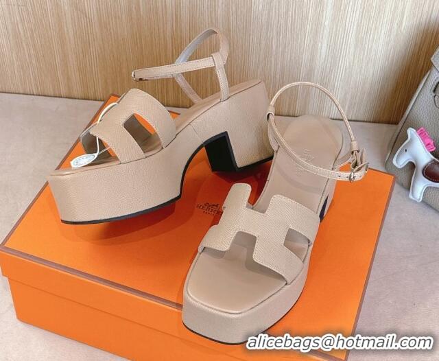 Top Design Hermes Jam Platform Sandals 7.5cm in Grained Leather Beige 1230147