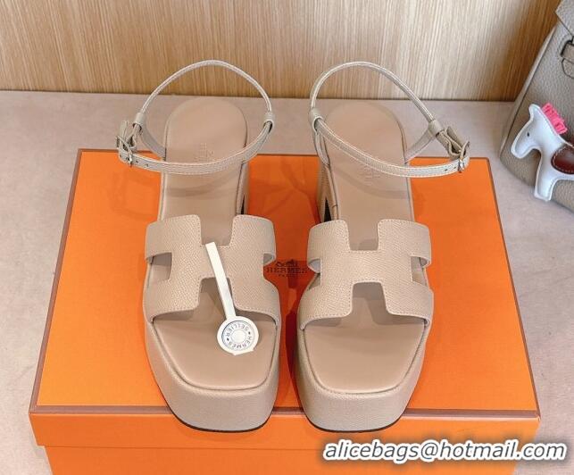 Top Design Hermes Jam Platform Sandals 7.5cm in Grained Leather Beige 1230147