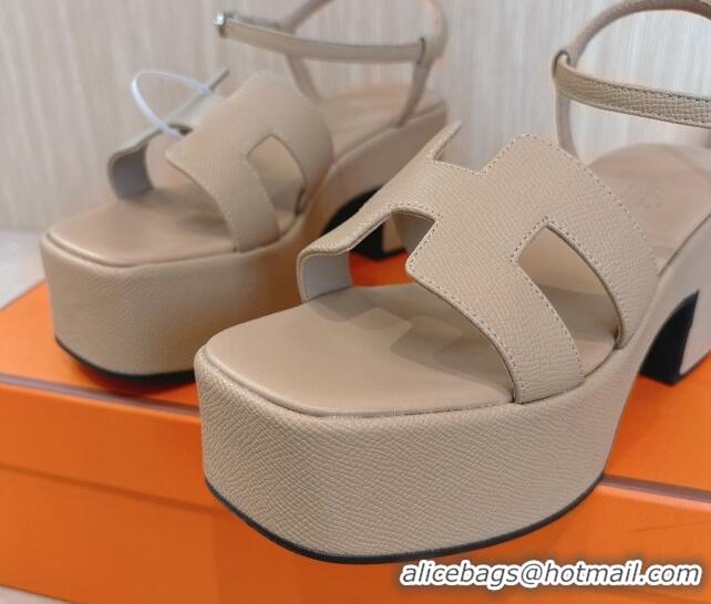 Top Design Hermes Jam Platform Sandals 7.5cm in Grained Leather Beige 1230147