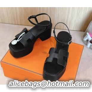 Top Grade Hermes Jam Platform Sandals 7.5cm in Grained Leather Black 1230148