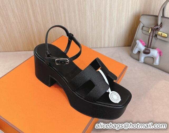 Top Grade Hermes Jam Platform Sandals 7.5cm in Grained Leather Black 1230148