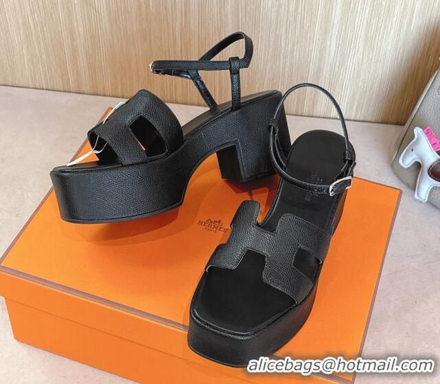 Top Grade Hermes Jam Platform Sandals 7.5cm in Grained Leather Black 1230148