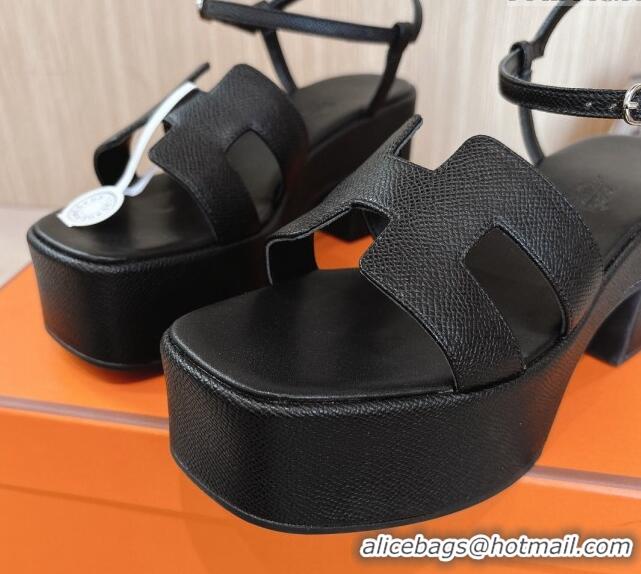 Top Grade Hermes Jam Platform Sandals 7.5cm in Grained Leather Black 1230148