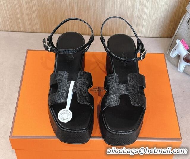 Top Grade Hermes Jam Platform Sandals 7.5cm in Grained Leather Black 1230148