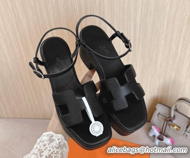 Top Grade Hermes Jam Platform Sandals 7.5cm in Grained Leather Black 1230148