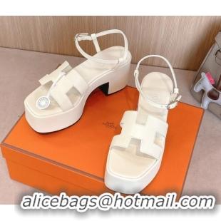 Buy Luxury Hermes Jam Platform Sandals 7.5cm in Calfskin Leather Ivory White 1230150