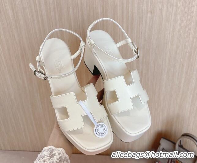 Buy Luxury Hermes Jam Platform Sandals 7.5cm in Calfskin Leather Ivory White 1230150