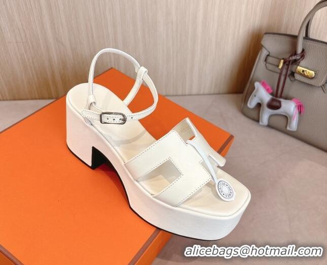 Buy Luxury Hermes Jam Platform Sandals 7.5cm in Calfskin Leather Ivory White 1230150