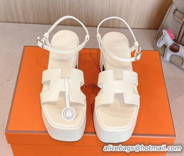 Buy Luxury Hermes Jam Platform Sandals 7.5cm in Calfskin Leather Ivory White 1230150