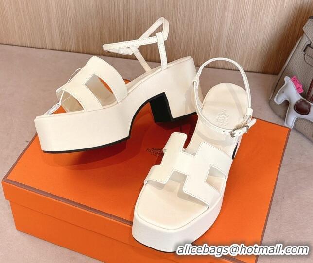 Buy Luxury Hermes Jam Platform Sandals 7.5cm in Calfskin Leather Ivory White 1230150