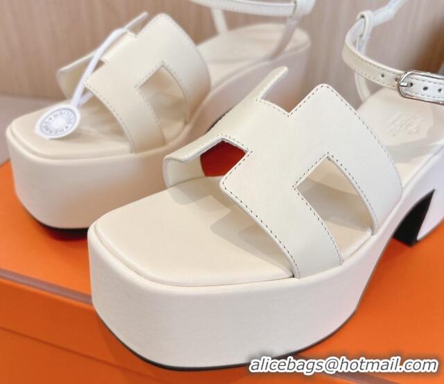 Buy Luxury Hermes Jam Platform Sandals 7.5cm in Calfskin Leather Ivory White 1230150