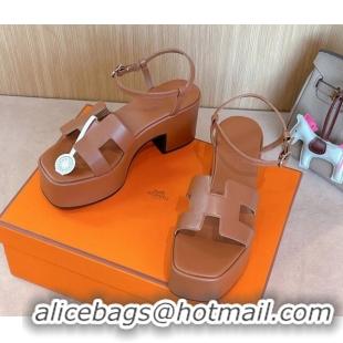 Luxury Hermes Jam Platform Sandals 7.5cm in Calfskin Leather Brown 1230149