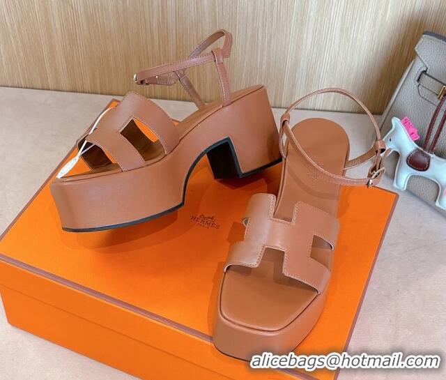 Luxury Hermes Jam Platform Sandals 7.5cm in Calfskin Leather Brown 1230149