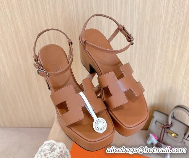 Luxury Hermes Jam Platform Sandals 7.5cm in Calfskin Leather Brown 1230149