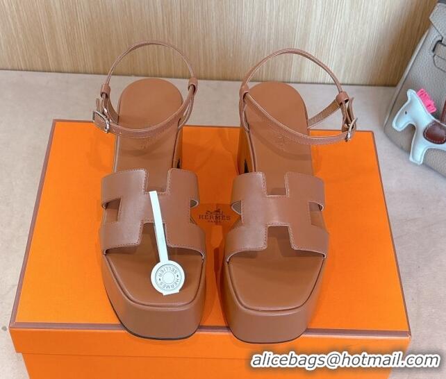 Luxury Hermes Jam Platform Sandals 7.5cm in Calfskin Leather Brown 1230149