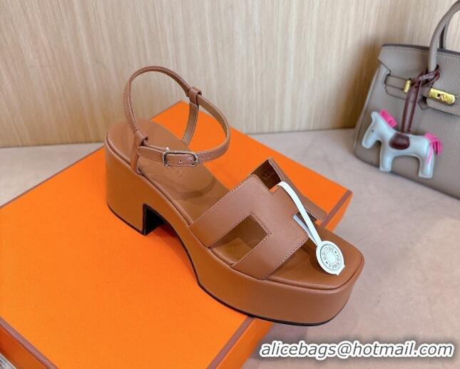 Luxury Hermes Jam Platform Sandals 7.5cm in Calfskin Leather Brown 1230149