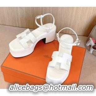 Low Cost Hermes Jam Platform Sandals 7.5cm in Calfskin Leather Snow White 1230152