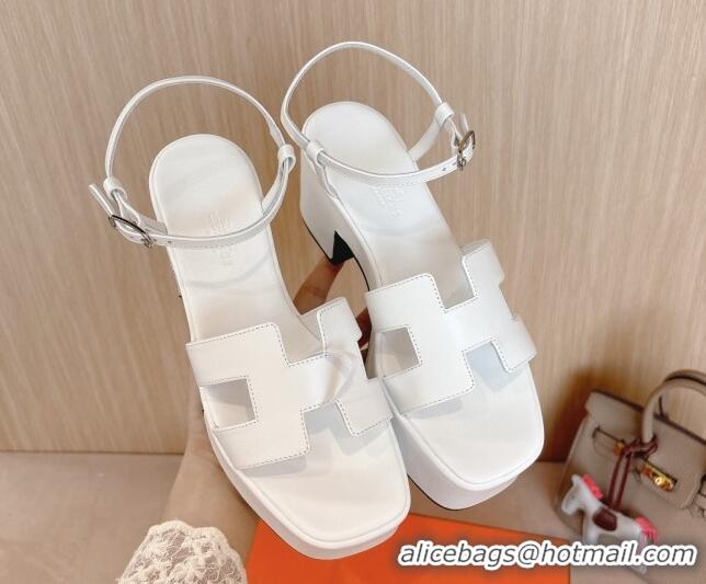 Low Cost Hermes Jam Platform Sandals 7.5cm in Calfskin Leather Snow White 1230152