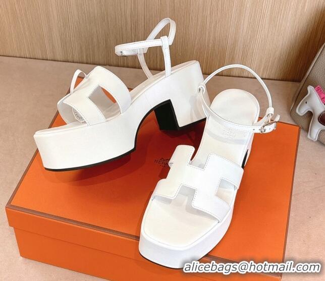 Low Cost Hermes Jam Platform Sandals 7.5cm in Calfskin Leather Snow White 1230152