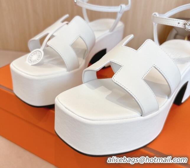 Low Cost Hermes Jam Platform Sandals 7.5cm in Calfskin Leather Snow White 1230152