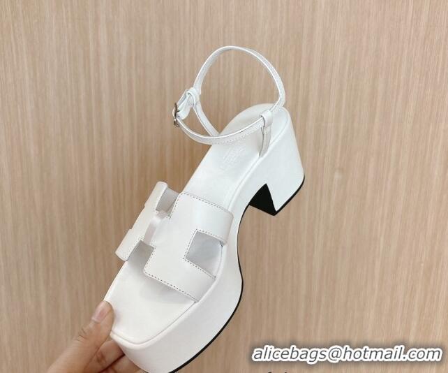 Low Cost Hermes Jam Platform Sandals 7.5cm in Calfskin Leather Snow White 1230152