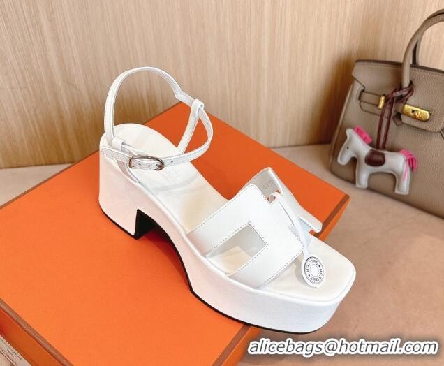 Low Cost Hermes Jam Platform Sandals 7.5cm in Calfskin Leather Snow White 1230152