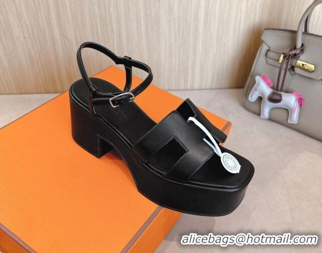 Shop Duplicate Hermes Jam Platform Sandals 7.5cm in Calfskin Leather Black 1230151