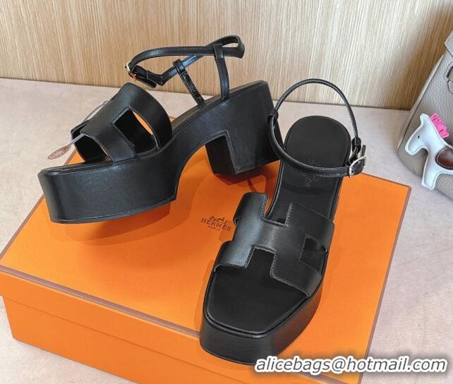 Shop Duplicate Hermes Jam Platform Sandals 7.5cm in Calfskin Leather Black 1230151