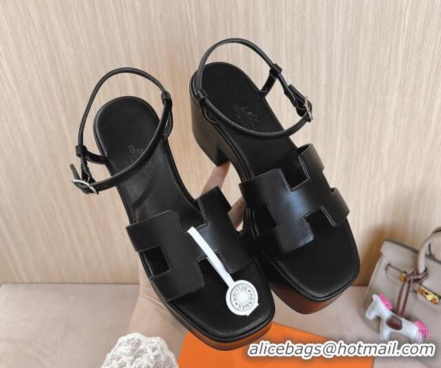 Shop Duplicate Hermes Jam Platform Sandals 7.5cm in Calfskin Leather Black 1230151