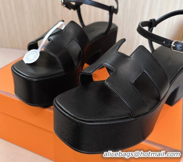 Shop Duplicate Hermes Jam Platform Sandals 7.5cm in Calfskin Leather Black 1230151