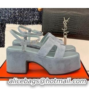 Charming Hermes Jam Platform Sandals 7.5cm in Suede Blue Grey 1230153