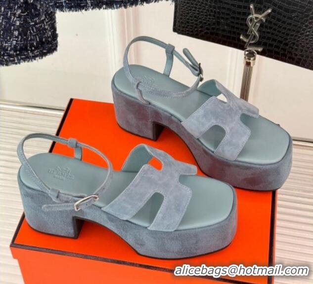 Charming Hermes Jam Platform Sandals 7.5cm in Suede Blue Grey 1230153