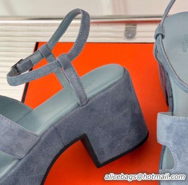 Charming Hermes Jam Platform Sandals 7.5cm in Suede Blue Grey 1230153