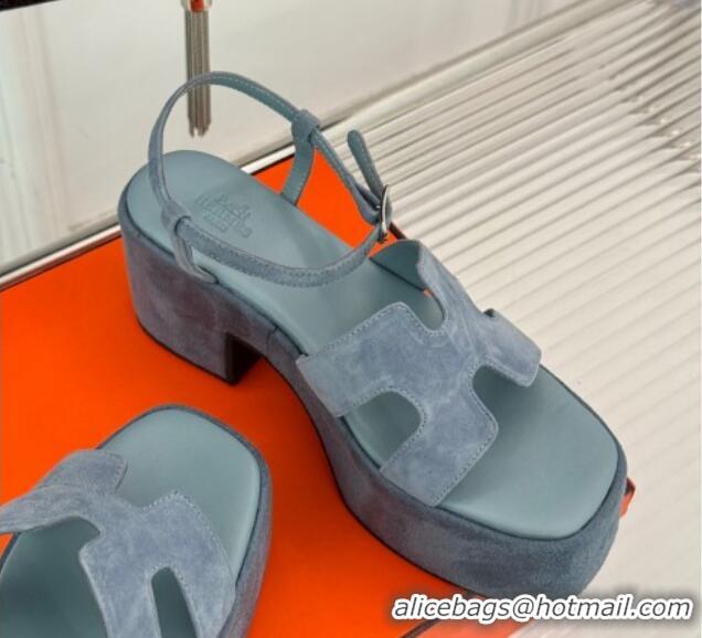 Charming Hermes Jam Platform Sandals 7.5cm in Suede Blue Grey 1230153