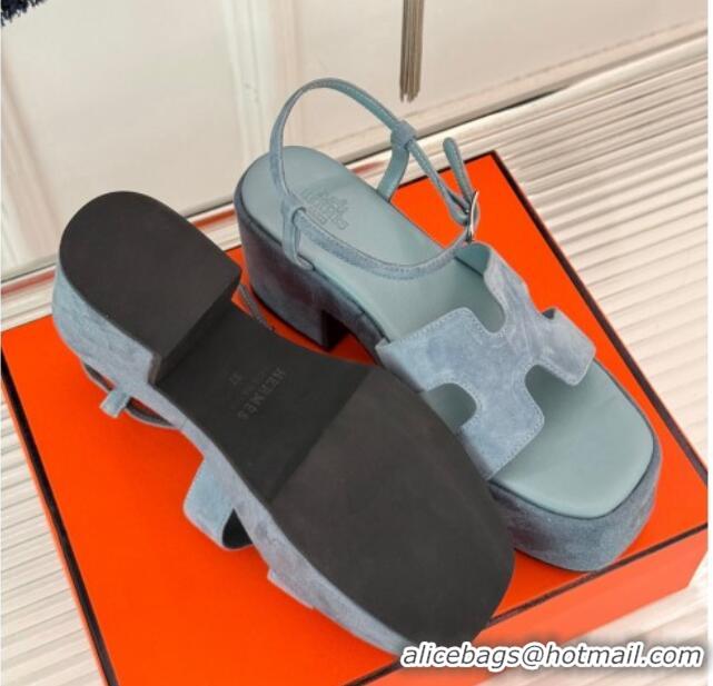 Charming Hermes Jam Platform Sandals 7.5cm in Suede Blue Grey 1230153