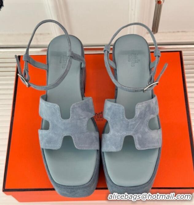 Charming Hermes Jam Platform Sandals 7.5cm in Suede Blue Grey 1230153