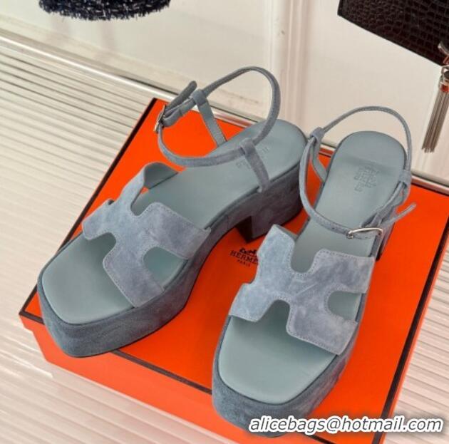 Charming Hermes Jam Platform Sandals 7.5cm in Suede Blue Grey 1230153