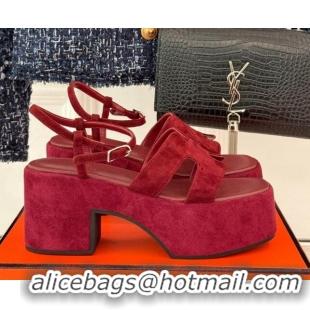 Trendy Design Hermes Jam Platform Sandals 7.5cm in Suede Burgundy 1230154